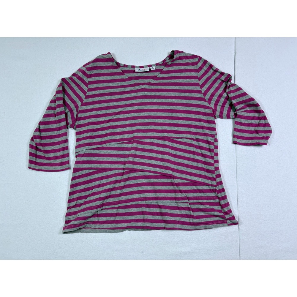 Denim & Co Womens Large Pink Gray Striped V-Neck 3/4 Sleeve Tiered Top